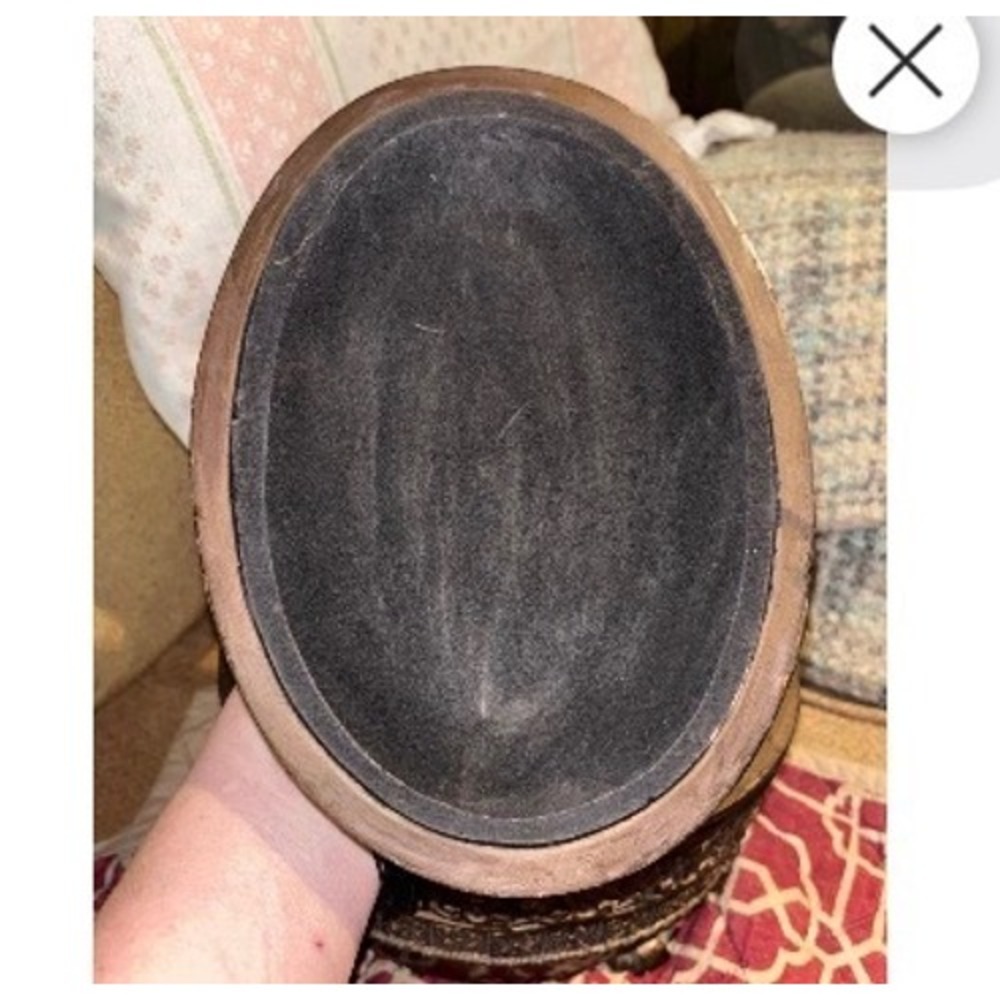Vintage Style Ornate Bronze Oval Trinket Box Fleur-de-Lis Tassels Velvet Lined